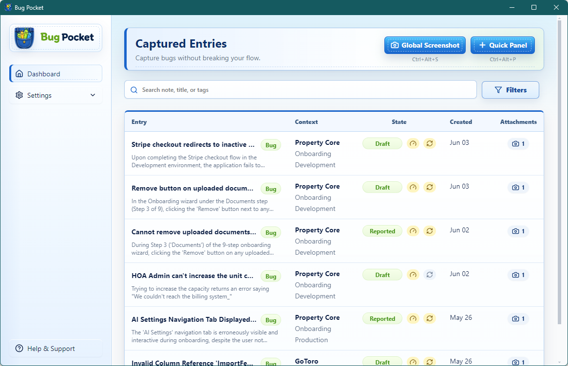 Bug Pocket Dashboard