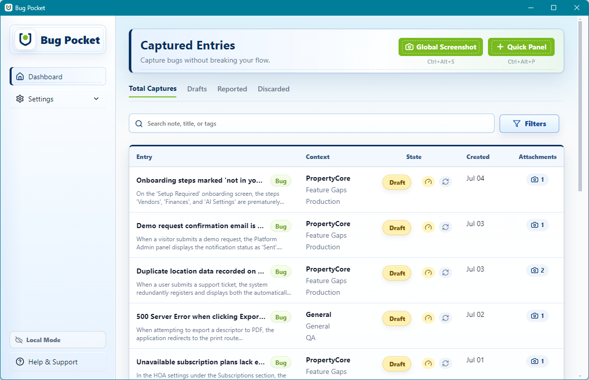 Bug Pocket Dashboard